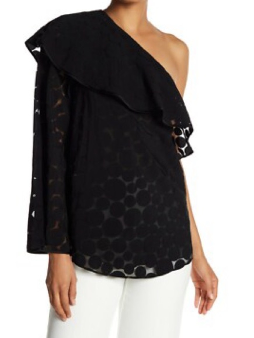 Diane Von Furstenberg Black One-Shoulder Ruffle Dot-Print Blouse